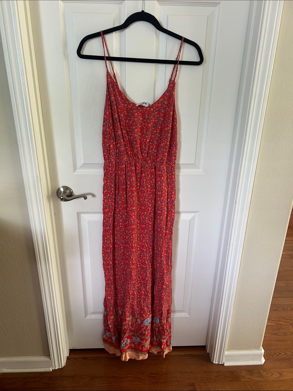 Red Floral Spaghetti-Strap Maxi Dress with Gathered Waist